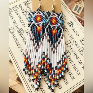 Native Aztec Seed Bead Long Tassel Dangle Earrings